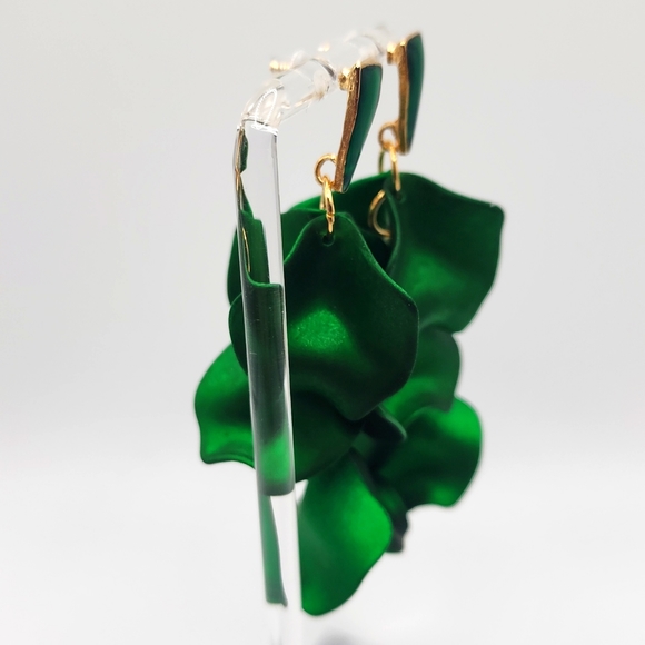 Green 3.25" Long Petal Earrings - Picture 3 of 4